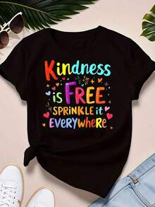 La bondad clásica gratis,íala por todas partes. Frases inspiradoras. 1 pieza de camiseta de talla para mujer, divertida, con estampado gráfico, de manga corta, novedosa,% algodón, informal, con cuello redondo, camiseta de verano. - Negro - Ver 1
