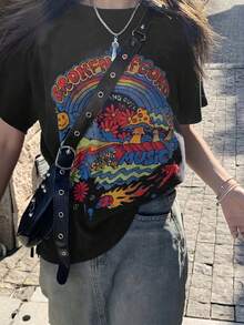 Camiseta de Manga Corta Holgada para Mujer, Estilosa y Atractiva - Negro - Ver 2