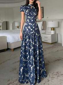 Vestido largo primavera 2026, holgado con estampado floral, estilo elegante y moderno - Azul - Ver 3