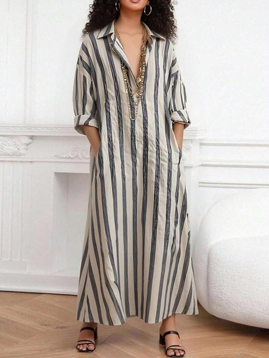 Vestido largo primavera 2026, cuello V holgado a rayas, estilo oficina elegante - Azul - Ver 1