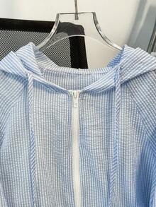 Lightweight Breathable Mesh Zip-Up Hooded Sun Protection Casual Jacket - Blue and White - View 3