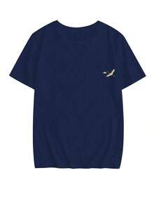 Nueva Camiseta de Verano Simple y a la Moda con Estampado de Ondas y Grúas Japonesas, Cuello Redondo, Manga Corta, Azul Marino, Blusa Versátil y Elegante para Mujer - Azul Marino - Ver 4