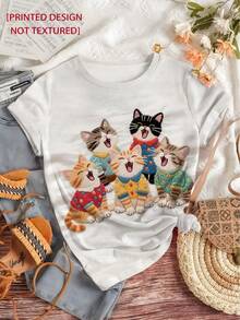 Camiseta manga corta cuello redondo 100% algodón, estampado trendy, tejido ligero y ventilado, estilo moda casual, apta para vida diaria, salidas informales y citas en primavera, verano y otoño - lechoso - Ver 4