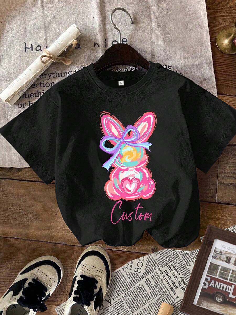 Camiseta manga corta cuello redondo 100% algodón, estampado trendy, tejido ligero y ventilado, estilo moda casual, apta para vida diaria, salidas informales y citas en primavera, verano y otoño - Negro - Ver 1