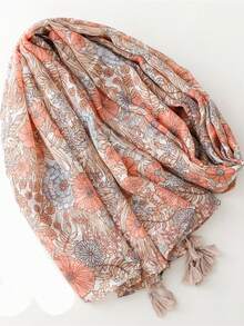 Floral Print Scarf For Women, Suitable As Gift For Girlfriend - Coral Orange - View 5