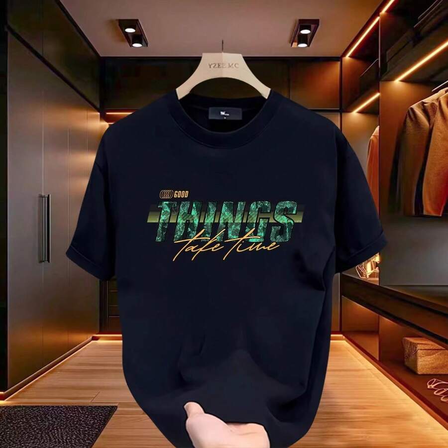 Camiseta de manga corta estampada de diseñador, estilo americano, moderna, versátil y holgada, para hombre y mujer, ideal para el verano. LJCN - 250 g de algodón puro - negro - letras verdes - Ver 1