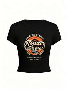 Women's Short-Sleeved Crew Neck T-Shirt, Super Cute Fitted Cropped Cut, Summer Edition Letter Print, Attractive Youthful Style Ideal For Going Out And Everyday Wear M0YL - 黑色 - 查看 2