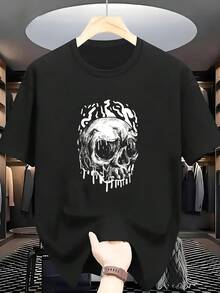 Camiseta de talla grande para hombre 100 % algodón con estampado de calavera de moda, cuello redondo y manga corta, camiseta de estilo urbano, cómoda y casual de manga corta para verano, TALLA GRANDE - Negro - Ver 2