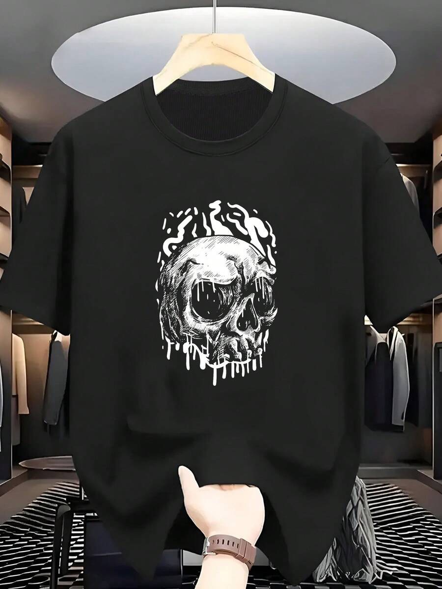Camiseta de talla grande para hombre 100 % algodón con estampado de calavera de moda, cuello redondo y manga corta, camiseta de estilo urbano, cómoda y casual de manga corta para verano, TALLA GRANDE