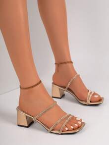Rhinestone Thick Heel Mules, Featuring Backless Mule Sandal Style, Highlighting Rhinestone Decor And Square Toe Thick Heel Design, Popular For Summer Party And Date Occasions - Gold - View 2