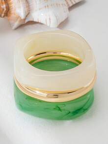 3pcs Faux Jade & Gold Plated Bangle Bracelet Set, Boho Style Stacking Bracelets - Multicolor - View 1