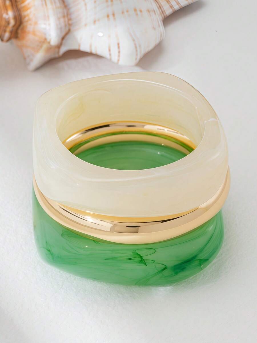 3pcs Faux Jade & Gold Plated Bangle Bracelet Set, Boho Style Stacking Bracelets - Multicolor - View 1