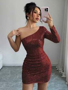 Vestido ceñido y con lentejuelas brillantes sin tirantes y sin mangas de moda y sexy para mujer, ideal para fiestas de Año Nuevo - Burdeos - Ver 4