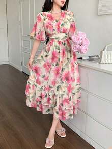 Vestido de longitud media con cuello en V, mangas con volantes y estampado floral para vacaciones, vestido de Pascua bohemio para mujer - Rosa coral - Ver 5