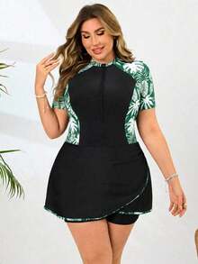 Swim  Nuevo traje de baño de una pieza elegante, traje de baño informal con estampado de hojas para mujeres de talla grande, traje de baño de una pieza para mujeres de talla grande, conjunto de shorts de dos piezas para mujeres de talla grande, traje de baño de una pieza para mujeres con curvas, conjunto de shorts para mujeres con curvas - Verde - Ver 4