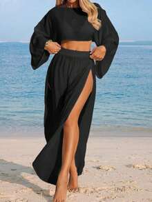 Nevyona Conjunto de dos piezas de cubrecuerpo casual de manga larga y abertura para mujer, color blanco - Negro - Ver 5