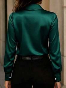 Camisa de satén con botones para mujer, de nueva llegada, de moda, versátil y adecuada para todas las estaciones, color rojo primavera - Verde Oscuro - Ver 2