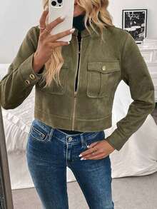 Chaqueta corta de carga de mujer con botones metálicos decorados, cálida y gruesa, adecuada para otoño/invierno - Verde militar - Ver 4