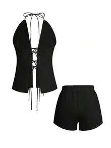 Conjunto de 2 piezas de top con escote en V y espalda descubierta con lazo, y shorts elásticos para mujer, adecuado para el hogar, la playa, citas, festivales de música, San Valentín y otras ocasiones, elegante en negro para el verano - Negro - Ver 4