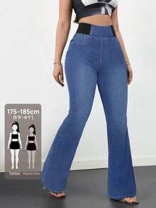 Tall Pantalones vaqueros de mujer casuales, ajustados y elásticos con vuelo, pantalones vaqueros azules ajustados de cintura alta con vuelo para mujeres altas, pantalones vaqueros de verano - Azul lavado medio 3 - Ver 7