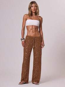 Resort Pantalones anchos de playa con cintura con cordón, estilo relajado con lentejuelas, para cubrir el traje de baño, elegante ropa de playa bohemia, ideal para vacaciones, verano, primavera, festivales - Óxido marrón - Ver 2