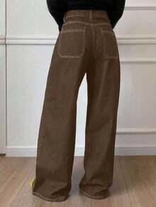 Jeans casuales de mujer de pierna ancha, unicolor, con bolsillo cargo suelto - Café integral - Ver 5