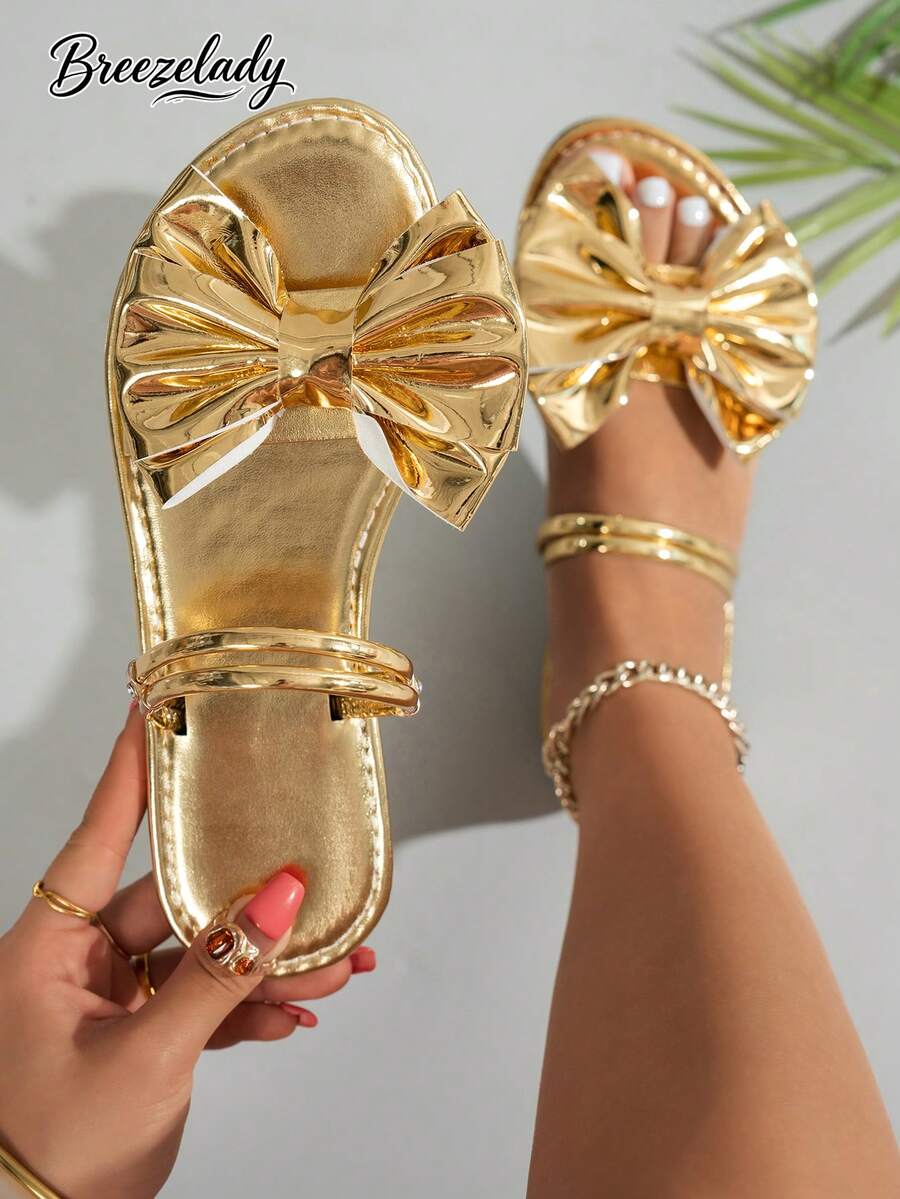 Breezelady 2-Way Wear Black Flat Slippers Women, Summer New Model Internet Celebrity Angel Wind Open Toe Flat Heel Fashion Versatile Beach Sandals - Vàng - Xem 1
