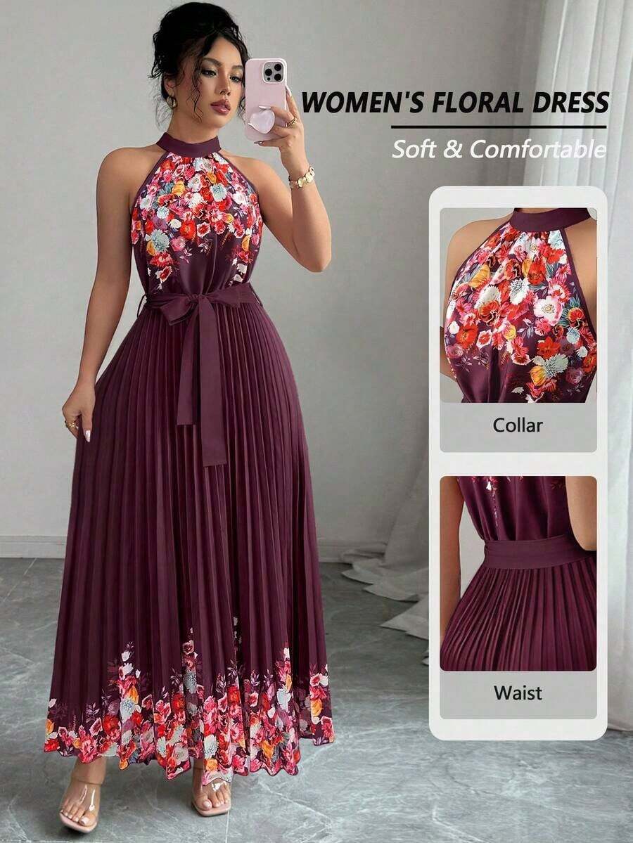 Vestido holgado de verano elegante con estampado floral y cuello halter para mujer - Rojo violeta - Ver 1