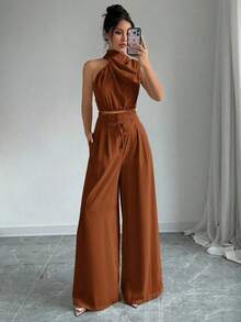 Conjunto de dos piezas para mujer con top de cuello apilado elegante color albaricoque y pantalones de pierna ancha, ropa de maestra, pantalones ligeros y cómodos, conjunto de dos piezas con top sin mangas asimétrico, adecuado para primavera, verano y otoño, conjunto de dos piezas con pantalones holgados, conjunto de dos piezas de diseñador, atuendo para mujeres para conciertos, vestido de noche elegante, adecuado para uso diario, fiestas, temporada de graduación, temporada de bodas, disfraces para actuaciones - Marrón - Ver 7