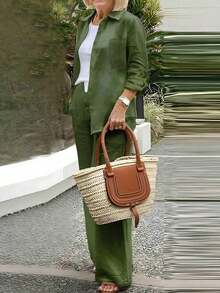 Cardigan casual con cuello polo ligero, blusa elegante de unicolor versátil adecuada para la playa, el diario, el trabajo, las compras, de tela suave, pantalones sueltos con cintura elástica, conjunto de 2 piezas, primavera/verano/otoño - Verde - Ver 5