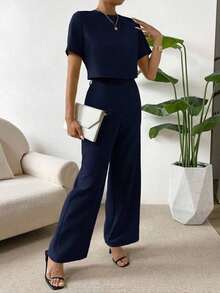 Camisa crop unicolor & Pantalones de pierna ancha - Azul marino - Ver 6