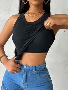 ChicMe Top básico de punto acanalado con cuello redondo, ajustado, sin mangas, con sujetador incorporado, elegante y casual, color blanco para el verano - Negro - Ver 6