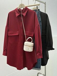 Cárdigan holgado vintage con bolsillo, blusa/top casual elegante con botones y manga larga a rayas verde, para mujer, atuendo primaveral/veraniego, para días festivos/Día de San Valentín - Rojo - Ver 3
