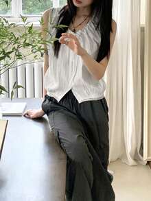 2025 Summer New Women Casual Minimalist Fashion Set, Drawstring Design Top White - White - View 2