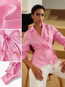 PREMIUM Blusa Envolvente Con Cinturón De Lino Puro Y Color Sólido - Rosa Fucsia - Ver 9