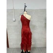 Vestido corto de mujer con estampado retro y asimetría volantes moda vacaciones  verano - Rojo - Ver 3