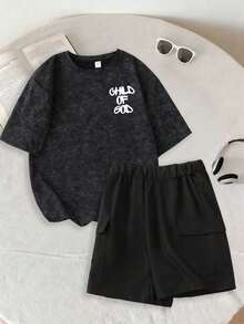2pcs/Set Cool Letter Print Round Neck Short Sleeve T-Shirt And Cargo Shorts Outfit For Teenage Boys, Suitable For Spring/Summer - Multicolor - View 2