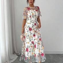 Elenzya Mesh Embroidered Floral Leaf Print Short Sleeve Elegant Casual Zip-Up Long Dress For Women - Multicolor - Ver 5