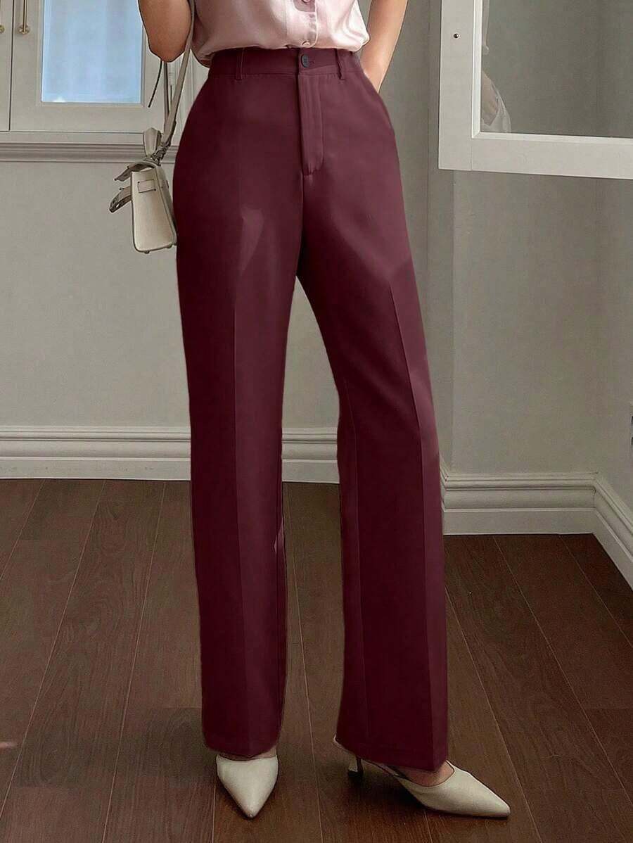 Pantalones casuales de mujer con bolsillo delantero liso, estilo casual de negocios, pantalones de vestir de mujer de talle bajo - Verde militar - Ver 1