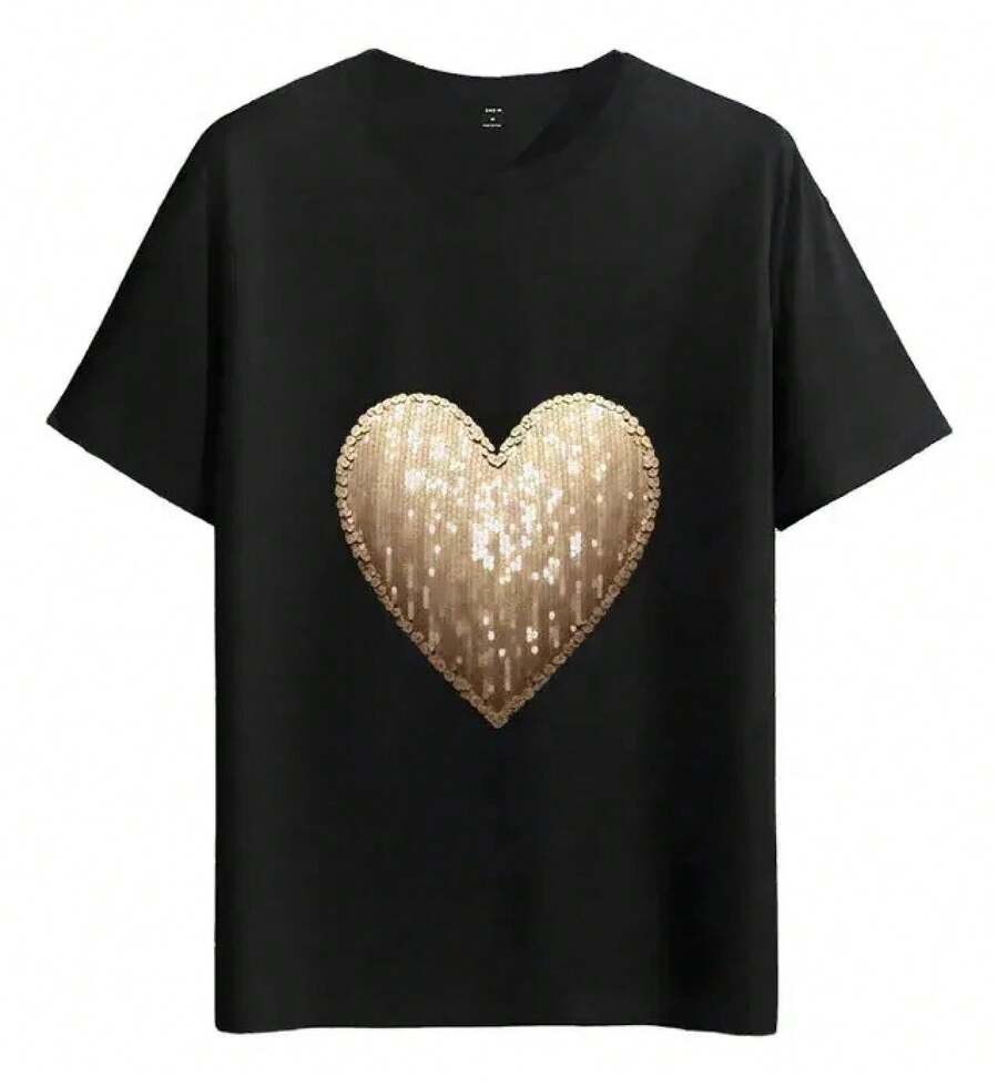 Muscle Freaks Sequin Heart Style T-Shirt - Black - View 1
