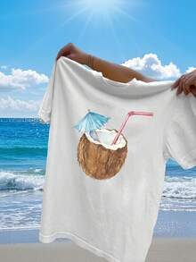 Camiseta con Estampado Tropical de Coco para Mujer - Cuello Redondo Casual, Manga Corta, Estampado de Letras, Ideal para Verano y Primavera, Ropa Perfecta para Vacaciones - Blanco - Ver 2