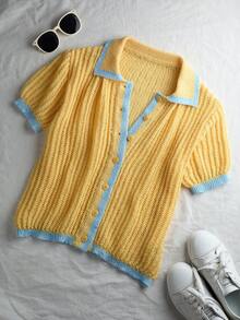 Summer Dopamine Contrast Color Knit Cardigan Women Short Hollow Out Short Sleeve Top Yellow - Yellow - View 7