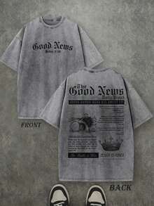 Camiseta Retro Lavada con Estampado de Doble Cara (Camiseta de 230 g de Algodón Puro) 'La Buena Noticia, ¡JESÚS ES REY!'Camiseta de Hombre con Estampado de Letras y Coronas, Casual, Cómoda, a la Moda, Estilo Urbano, de Algodón - Gris - Ver 7