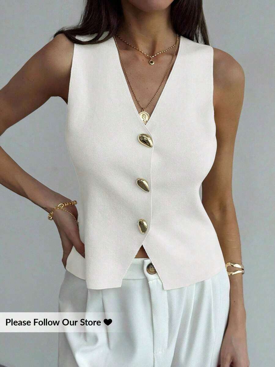 Blusa sin mangas de punto de un solo pecho con tirantes anchos, casual de verano, para otoño/invierno, verano, vacaciones, simple para ir al trabajo, con hebilla metálica única para oficina - Blanco - Ver 1