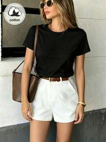 100% Cotton Women's Round Neck Short Sleeve T-Shirt, Black, Fashionable And Elegant, Spring/Summer Casual - Black - View 6