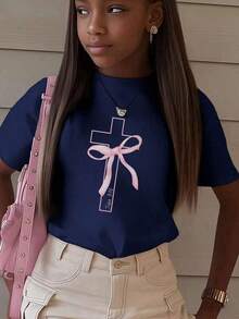 1 pieza de camiseta de manga corta con cuello redondo y estampado de mariposas y cruces para niñas, ropa de verano para estudiantes jóvenes - inspira la imaginación y la autoexpresión. - Azul Marino - Ver 3