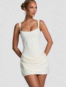 Vestido corto tirantes plisado con corsé, lazos espalda descubierta ajustado sensual moda - Blanco - Ver 10