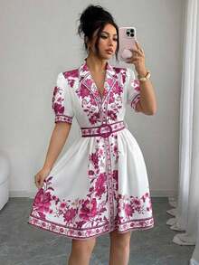 Conjunto de vestido corto de manga corta con cintura ceñida y estampado floral azul y blanco, elegante y romántico para vacaciones, primavera/verano - Multicolor 2 - Ver 5