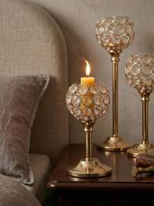 Juego de 3 candelabros de metal con cristales dorados, portavelas de cristal alto elegante para centro de mesa, decoración de velas para bodas, cumpleaños, graduación y decoración del hogar - Oro - Ver 5