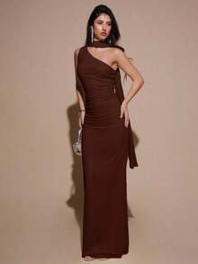 Vestido de malla ajustado con drapeado asimétrico, elegante y sexy vestido de gala para fiesta, boda, cumpleaños, Navidad, Halloween - Amarillo claro - Café integral - Ver 4